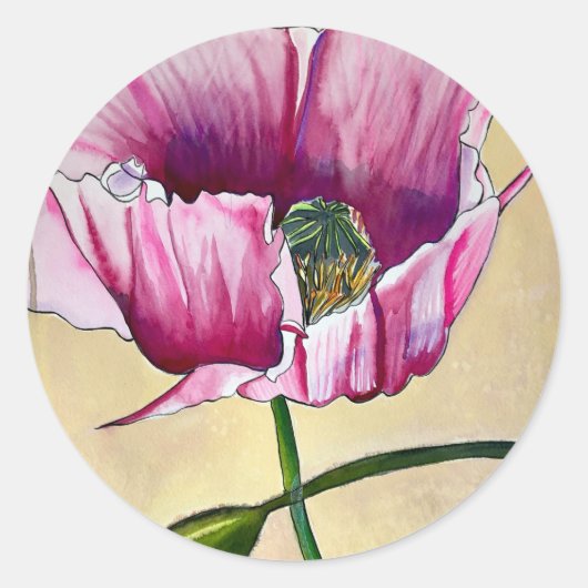 Waterverf roze kunstbloem ronde sticker (Voorkant)