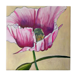 Waterverf roze kunstbloem tegeltje