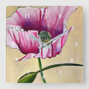 Waterverf roze kunstbloem vierkante klok