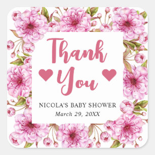 Waterverf Roze Lente Kersenbloesem Baby Shower Vierkante Sticker