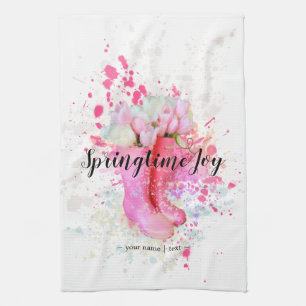 Waterverf roze lentekleursplak & tulpen theedoek