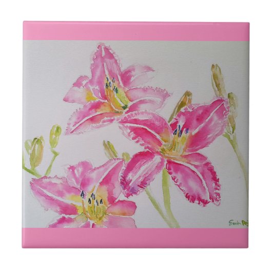 Waterverf Roze Lily Flower Floral Ceramic Tile Tegeltje (Voorkant)