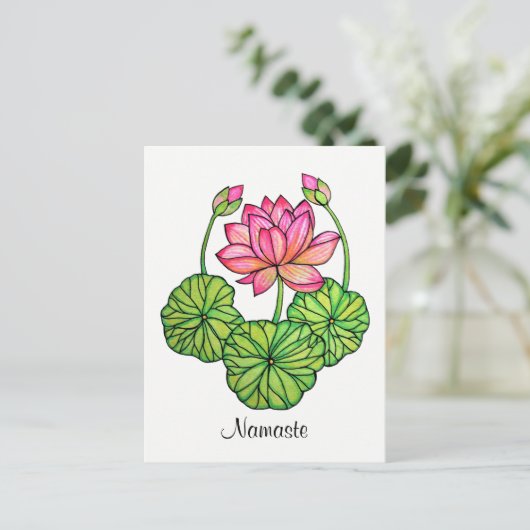Waterverf Roze Lotus met knoppen en bladeren Briefkaart (Staand voorkant)