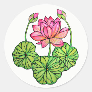 Waterverf Roze Lotus met knoppen en bladeren Ronde Sticker