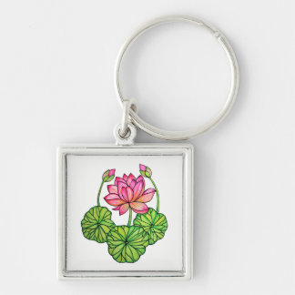 Waterverf Roze Lotus met knoppen en bladeren Sleutelhanger