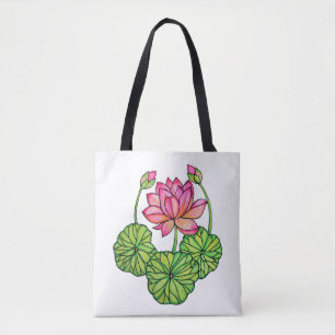 Waterverf Roze Lotus met knoppen en bladeren Tote Bag