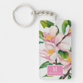 Waterverf Roze Magnolia Botanisch Monogram Sleutelhanger (Voorkant)