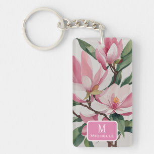 Waterverf Roze Magnolia Modern Art Monogram Sleutelhanger