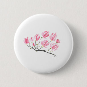 Waterverf Roze Magnolia Natuur Botanische Floral Ronde Button 5,7 Cm