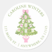 Waterverf Roze Mahjong Kerstboom Adres Ronde Sticker (Voorkant)