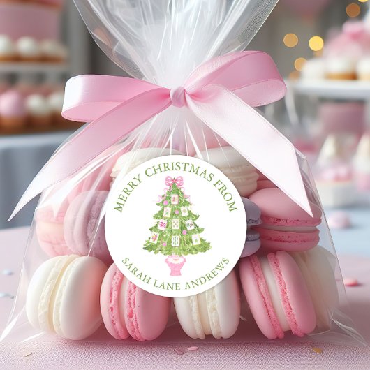 Waterverf Roze Mahjong Kerstboom Gift Ronde Sticker