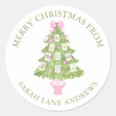Waterverf Roze Mahjong Kerstboom Gift Ronde Sticker (Voorkant)