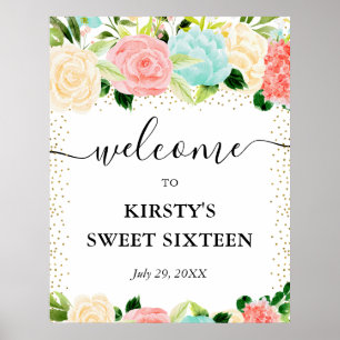 Waterverf Roze Mint Bloemen Sweet 16 Welkom Poster