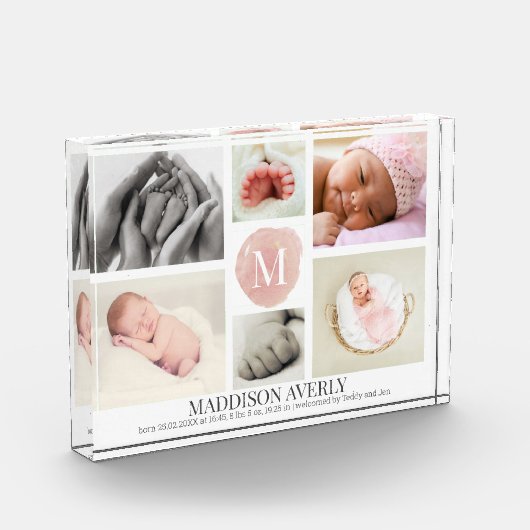 Waterverf roze monogram collage meisje geboorte fotoblokken (Links)