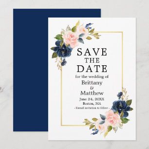 Waterverf Roze Navy Blue Rozen Gold Lijst Save The Date