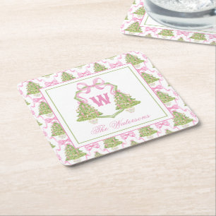 Waterverf Roze Notenkraker Monogram Crest Vierkante Kartonnen Onderzetter