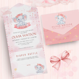Waterverf Roze Olifant Meisje Baby shower All In One Uitnodiging