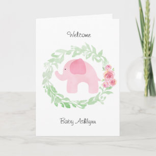Waterverf Roze Olifant Welkom Baby Kaart