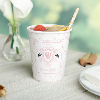 Waterverf Roze Ooievaar Boog Monogram Wapen Papieren Bekers