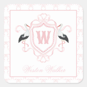 Waterverf Roze Ooievaar Boog Monogram Wapenschild Vierkante Sticker