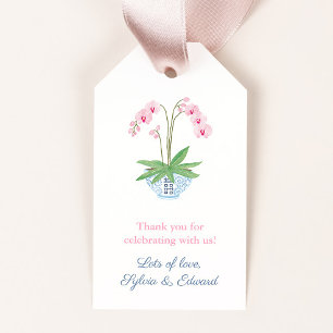 Waterverf Roze Orchidee Blauw Witte Kom Baby Showe Cadeaulabel
