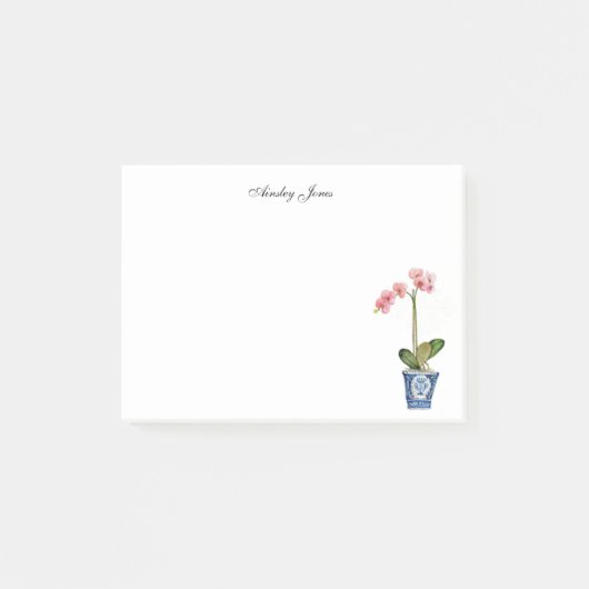 Waterverf Roze orchidee in blauwe pot Post-it® Notes (Voorkant)