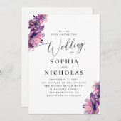 Waterverf roze paarse florale script bruiloft kaart (Voorkant / Achterkant)