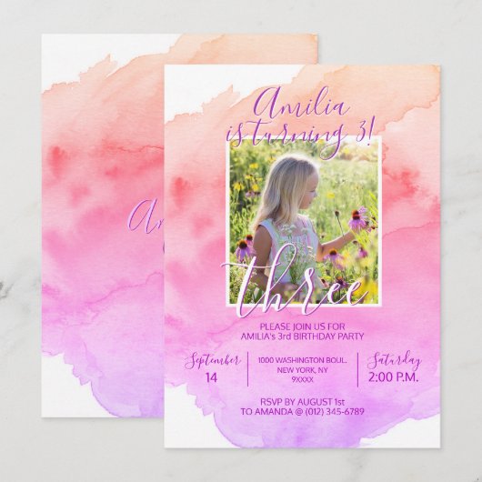 Waterverf Roze Paarse Meisje 3e VERJAARDAGSFEEST Kaart (Voorkant / Achterkant)