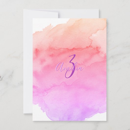 Waterverf Roze Paarse Meisje 3e VERJAARDAGSFEEST Kaart (Achterkant)