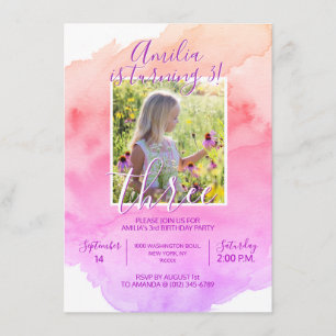 Waterverf Roze Paarse Meisje 3e VERJAARDAGSFEEST Kaart