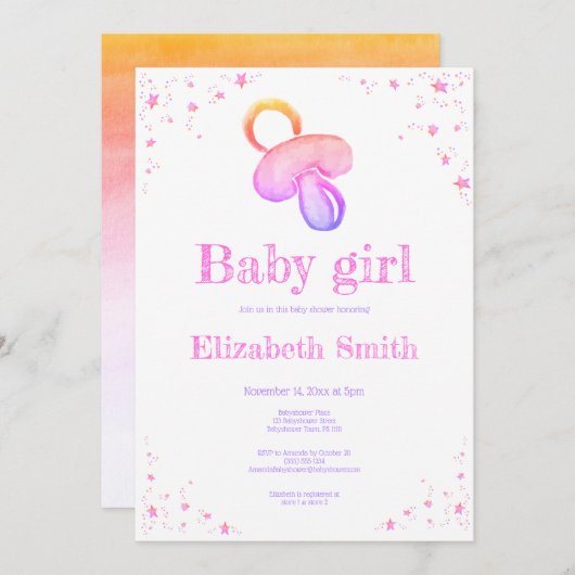 Waterverf roze pacifier babyshower kaart (Voorkant / Achterkant)