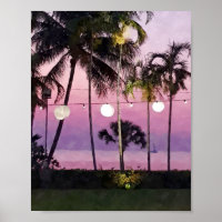 Waterverf Roze palm Tropisch strand Sunset Poster