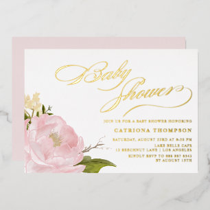 Waterverf Roze Pioen Babyshower Goud Folie Uitnodiging