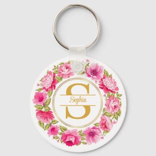 Waterverf Roze Pioen Bloemenkrans Monogram Sleutelhanger