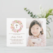 Waterverf roze pioen krans foto eerste communie kaart (Staand voorkant)