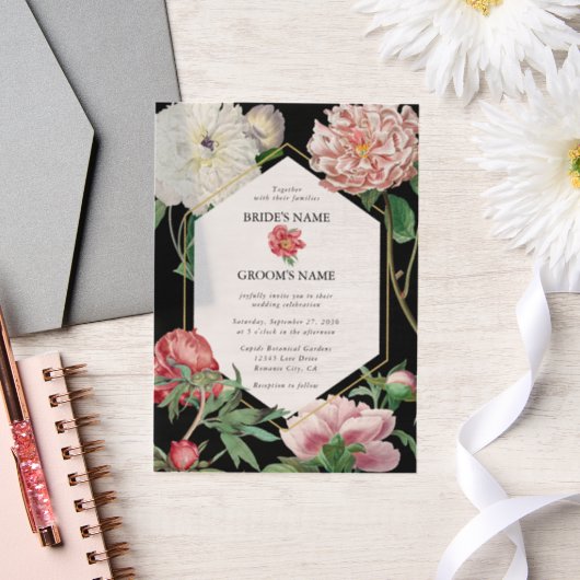 Waterverf Roze Pioenrozen Bloemen Bruiloft Zwart Vellum Uitnodigingen (Huwelijk)