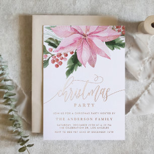 Waterverf Roze Poinsettia en Hulst Kerstmis Folie Uitnodiging