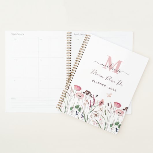 Waterverf Roze Poppy Custom Name Monogram Planner (Display)