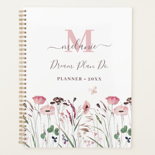 Waterverf Roze Poppy Custom Name Monogram Planner (Voorkant)
