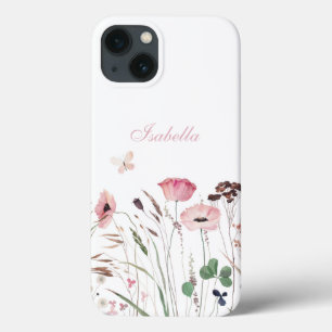 Waterverf Roze Poppy Meadow Aangepaste Naam iPhone 13 Hoesje