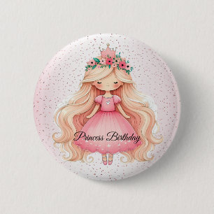 Waterverf Roze Prinses Verjaardagsfeest Schattige Ronde Button 5,7 Cm