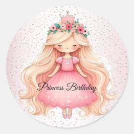 Waterverf Roze Prinses Verjaardagsfeest Schattige Ronde Sticker