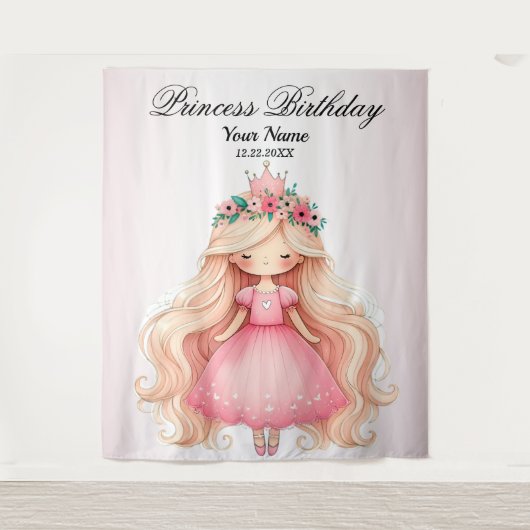 Waterverf Roze Prinses Verjaardagsfeest Schattige Wandkleed (Voorkant)