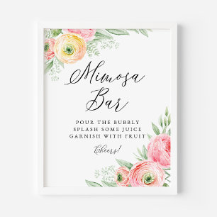 Waterverf Roze Ranunculus Flowers Mimosa Bar Poster