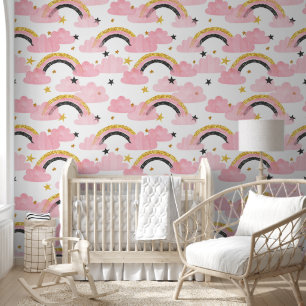 Waterverf Roze Regenboog Wolken Sterren Meisjes Sl Behang