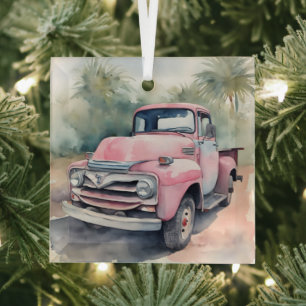 Waterverf roze retro truck in palmen glas ornament