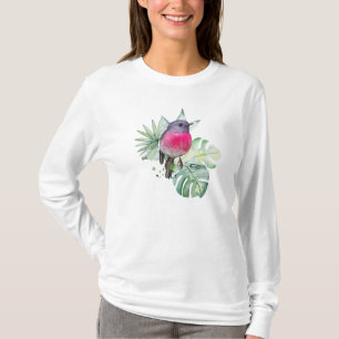 Waterverf Roze Robin met tropische bladeren T-shirt