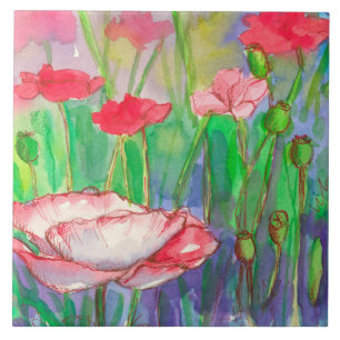 Waterverf roze rode papaver bloemen tegeltje