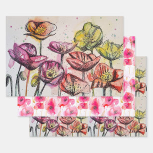 Waterverf roze rode papaverbloem inpakpapier vel