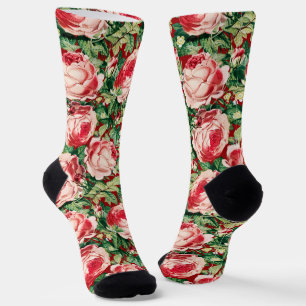 Waterverf Roze & Rode rozenbloemen & groene blader Sokken